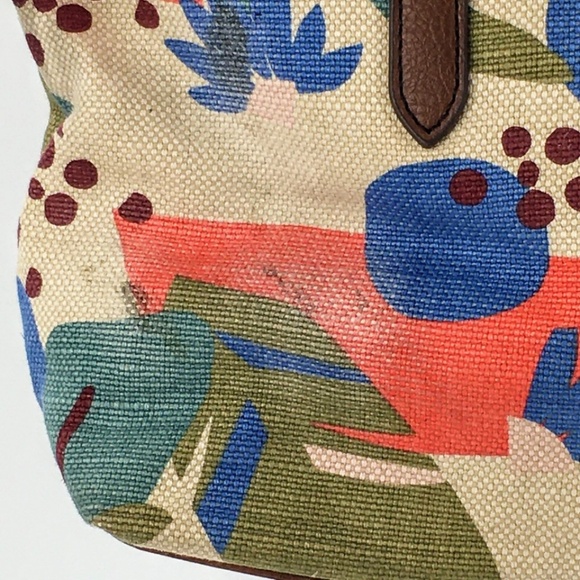 Fossil Canvas Tote Tan Floral Leaf Print Zip Top Medium Textile Shoulder Bag - Picture 14 of 16